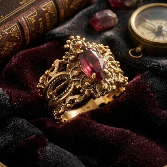 The Unbranded Brand Jewelry - Gold Filigree Ring with Purple Marquise Stone